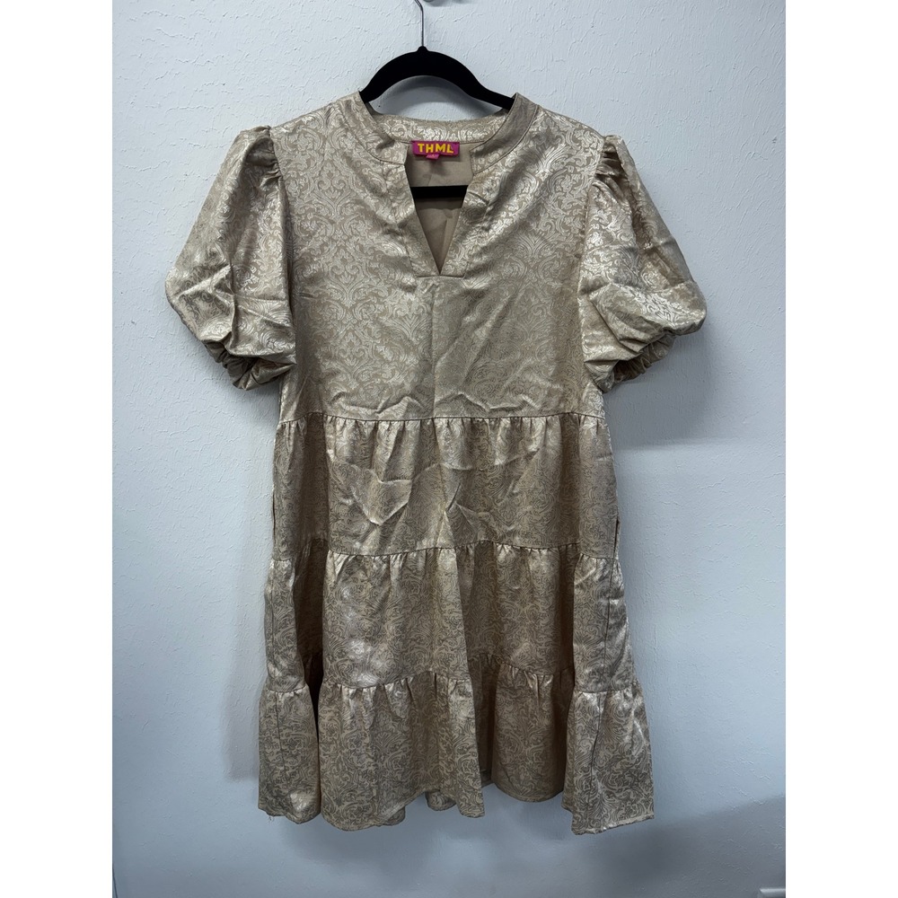 THML Champagne Damask Tiered Puff Sleeve Dress Pockets HOCO Wedding Guest S - Picture 4 of 16